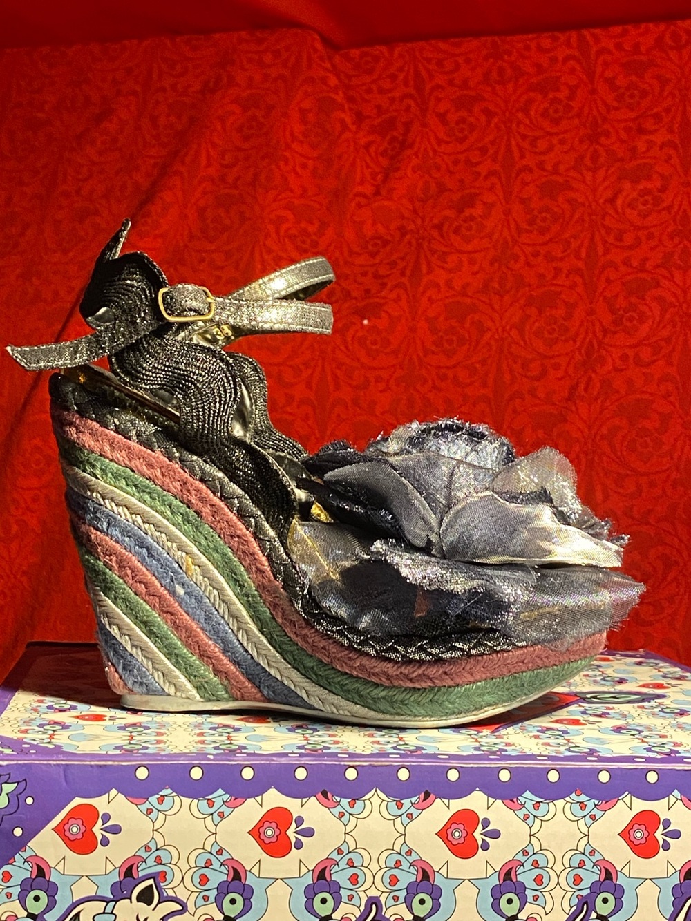 EUC Irregular Choice wedge sandals,Strappy black,silver roses,braided weave, 7